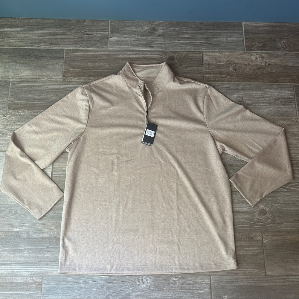 Michel Rouen Performance Pullover Dark Khaki Heather Herringbone 1/4 Zip Men 2XL